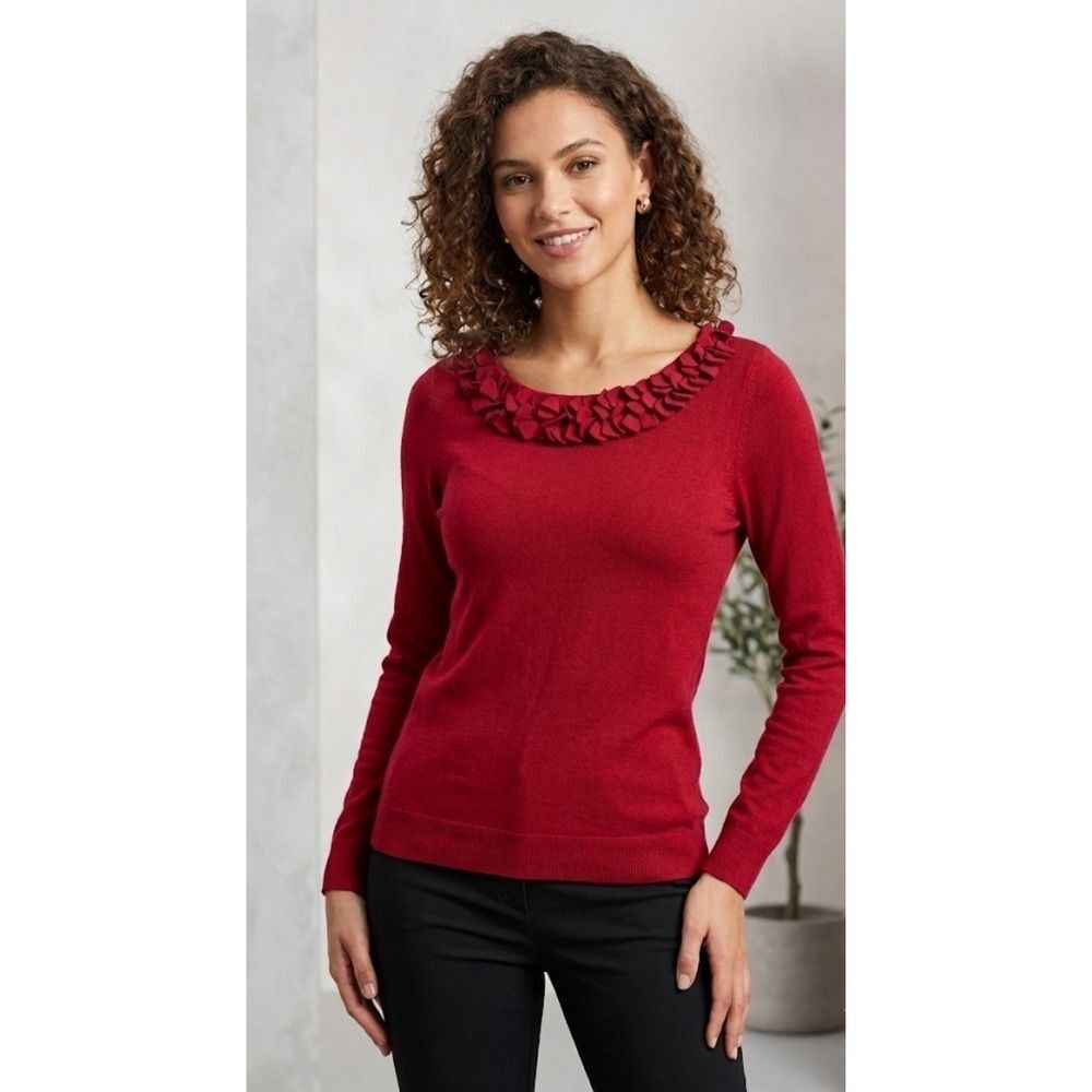 Talbots Red Long Sleeve Knit Top with Statement Ruffle & Bow Detail Collar Small
